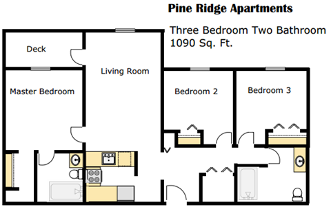 Floor plan for 3 beds, 2 baths, 1090 sqft